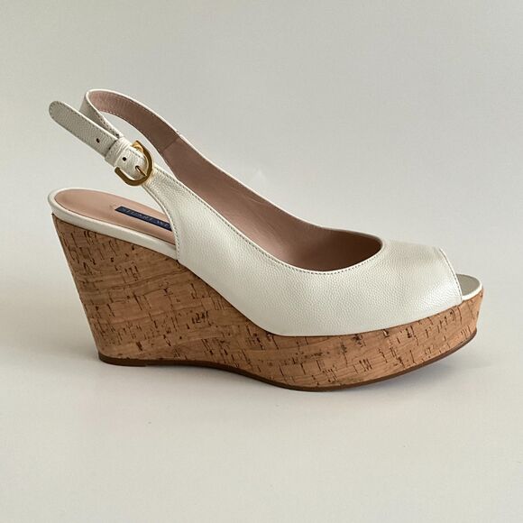 Stuart Weitzman Beige Leather Rinna Wedge Peep-toe Sling Back Sandals 8.5 - Picture 2 of 12